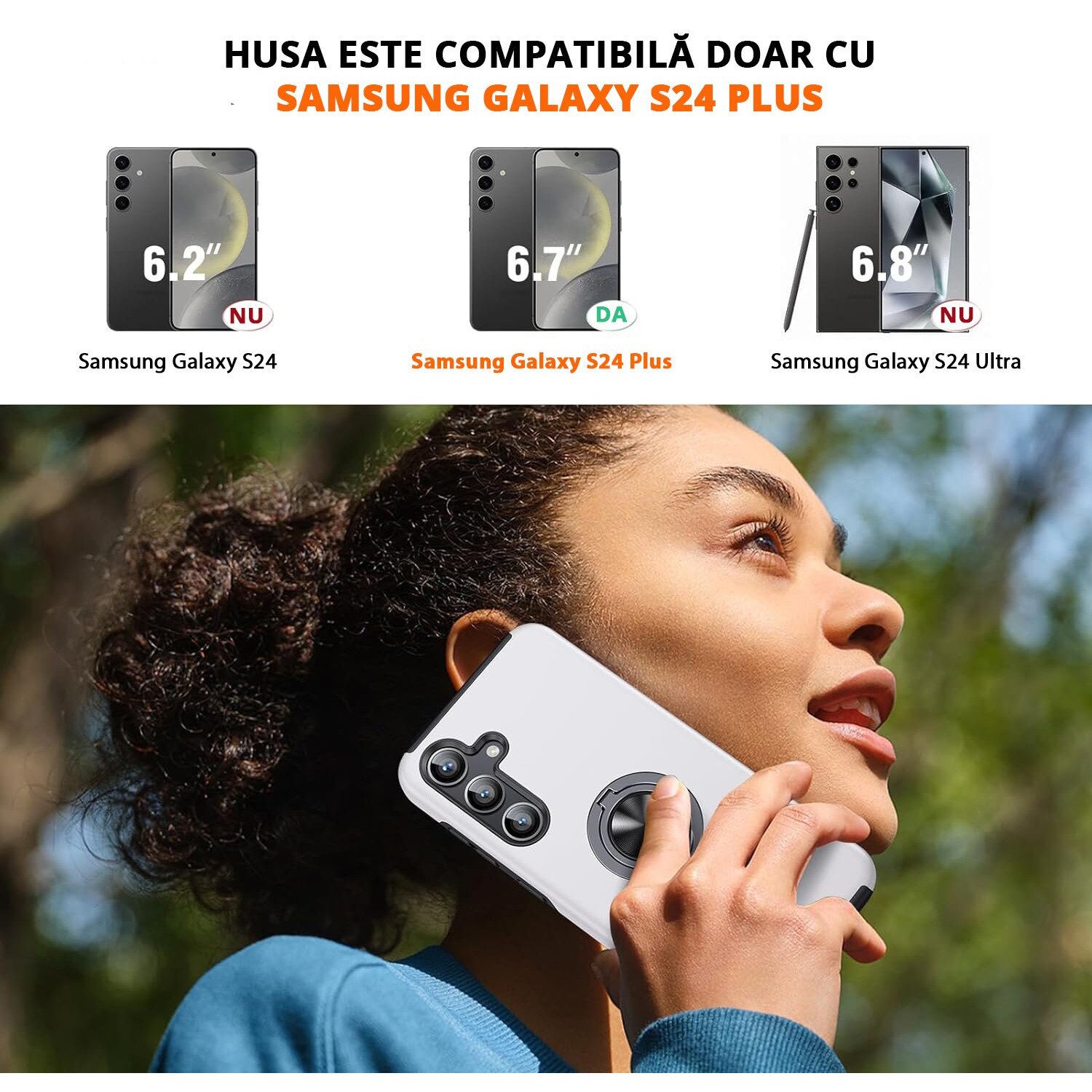 Husa pentru Samsung Galaxy S24 PLUS, inel rotativ si Kickstand 360°, Protectie Militara Antisoc, cu disipare termica, Silver