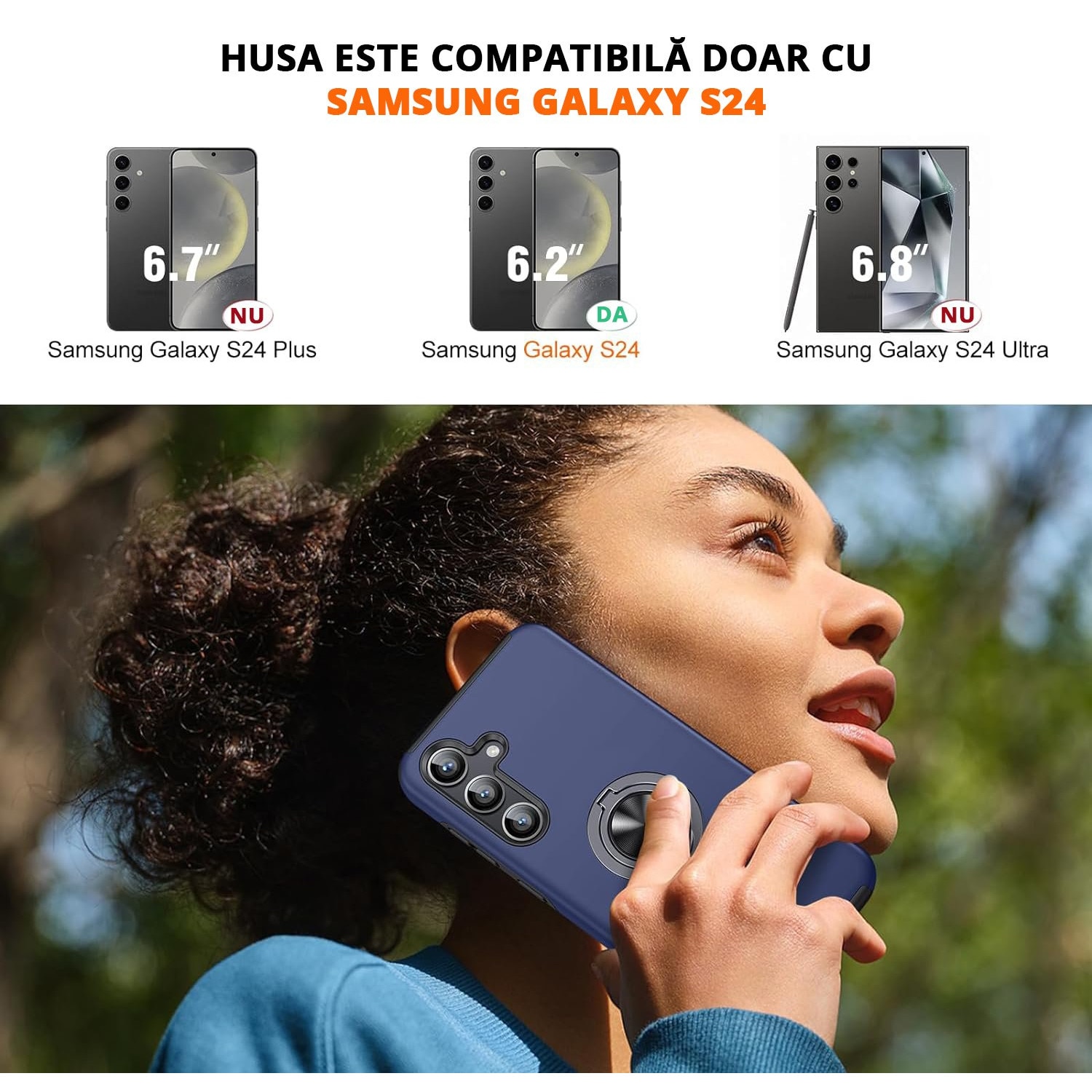Husa pentru Samsung Galaxy S24, inel rotativ si Kickstand 360°, Protectie Militara Antisoc, cu disipare termica, Blue
