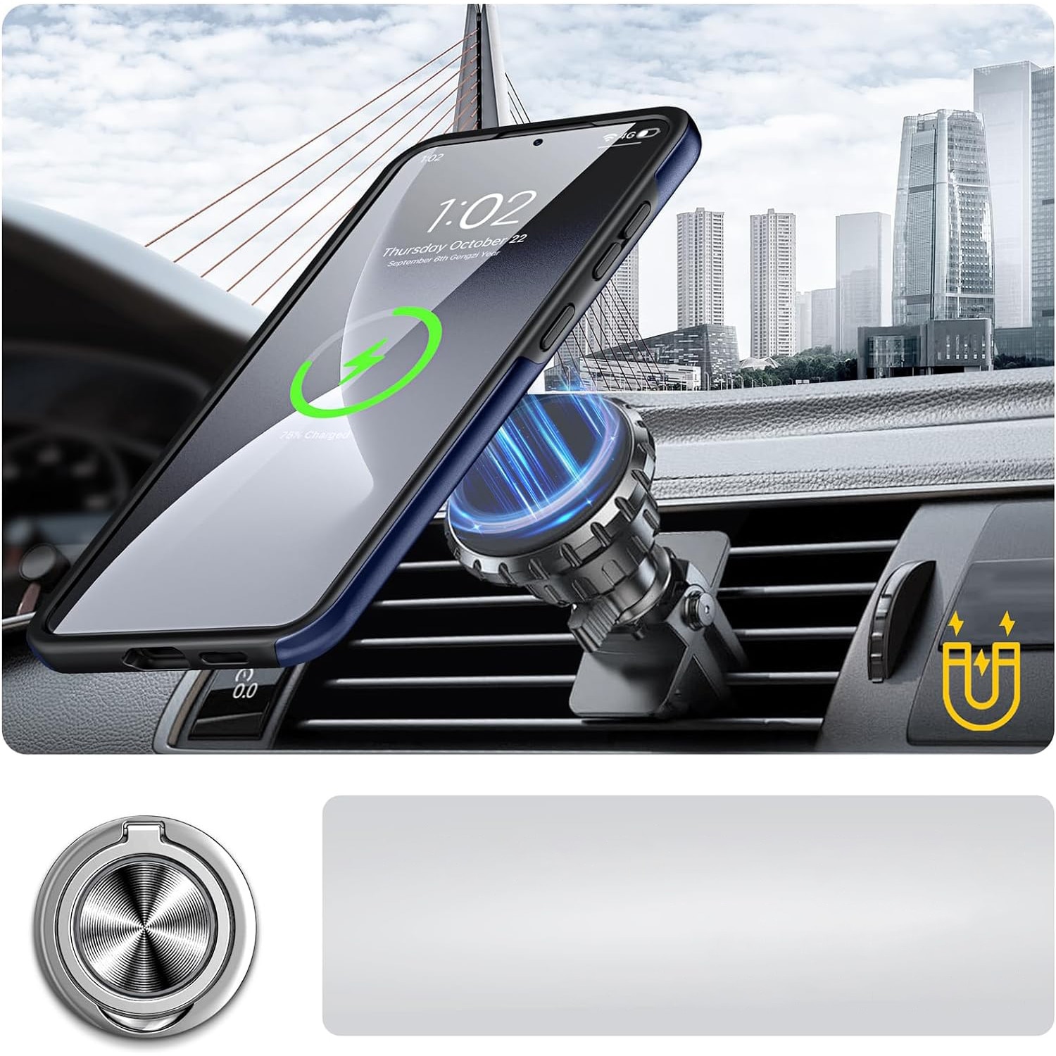 Husa pentru Samsung Galaxy S24, inel rotativ si Kickstand 360°, Protectie Militara Antisoc, cu disipare termica, Blue