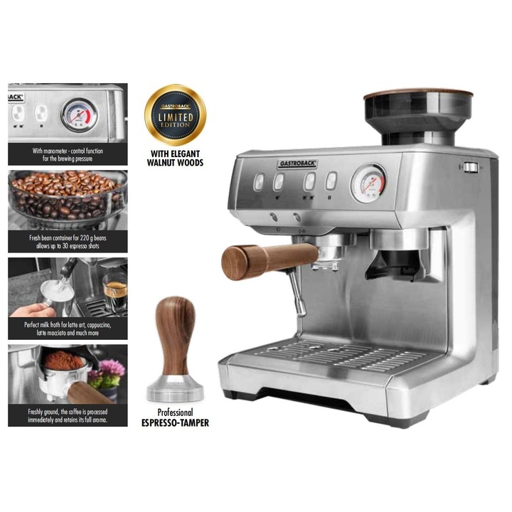 Espressor semiautomat cu rasnita Gastroback, Design Espresso Advanced Barista Limited Edition, pompa ULKA 15 bar, capacitate rezervor apa 2.5 l, 11 trepte de macinare, functie de preinfuzare, accesorii incluse, design elegant, inox