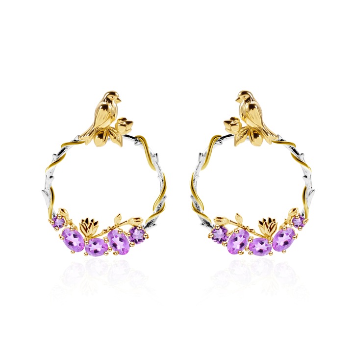 Cercei din argint cu pietre semipretioase - Bloombird Ametist 3.6 cm