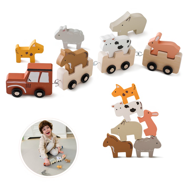 Trenulet din lemn cu animale si vagoane, Arelair Magic Box®, jucarie Montessori copii, pentru recunoasterea si stivuirea animalelor, multicolor