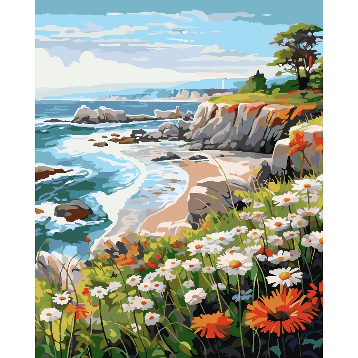 Set pictura pe numere Peisaj la mare 4318, panza bumbac pe rama lemn, 40x50 cm, tablou cu schita, 3 pensule si vopsea acrilica