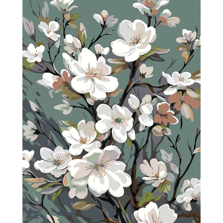 Set pictura pe numere Flori albe 4320, panza bumbac pe rama lemn, 40x50 cm, tablou cu schita, 3 pensule si vopsea acrilica