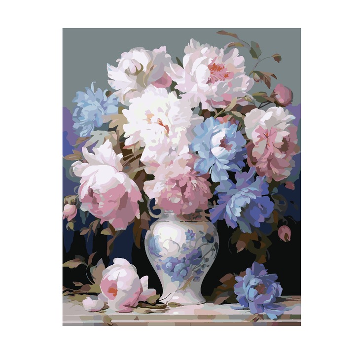 Set pictura pe numere Flori in vaza 4322, panza bumbac pe rama lemn, 40x50 cm, tablou cu schita, 3 pensule si vopsea acrilica