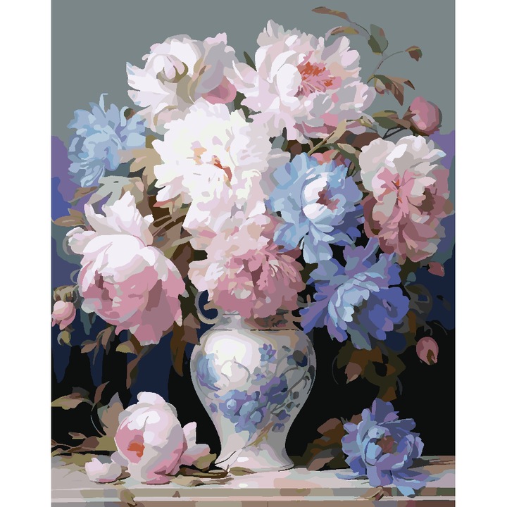 Set pictura pe numere Flori in vaza 4322, panza bumbac pe rama lemn, 60x80 cm, tablou cu schita, 3 pensule si vopsea acrilica