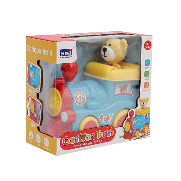 Jucarie Tren Model Paradise, cu urs, Lumini si Sunete, Catelus, Multicolor, 16 cm, Dalimag