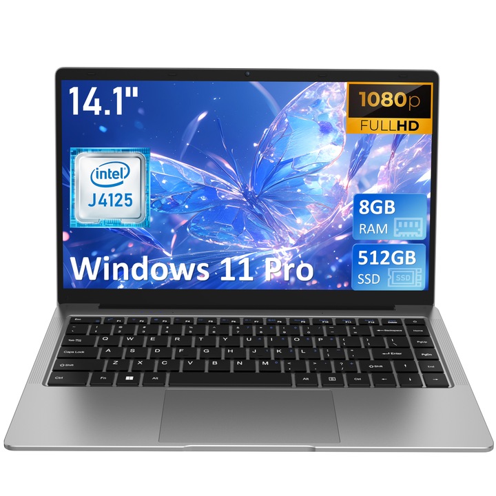 Laptop Auusda cu procesor Intel Celeron J4125，pana la 2.7GHz, 8GB, 512Go SSD, 14.1" FHD, Windows 11, Intel UHD Graphics 600, Argintiu