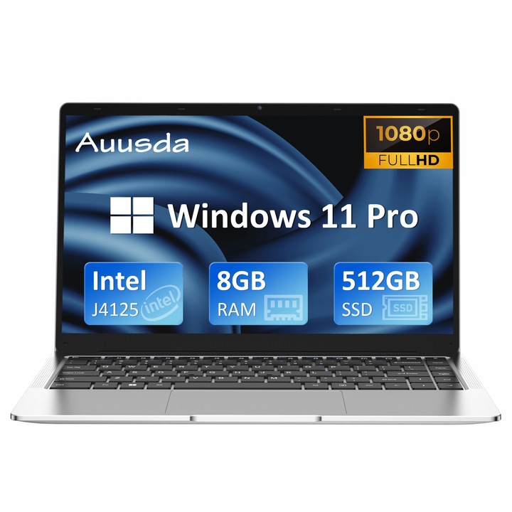 Laptop ultraportabil Auusda cu procesor Intel Celeron J4125 quad-core pana la 2.7 GHz, 14,1", FHD, IPS, 8GB DDR4, 512GB SSD, Intel UHD Graphics 600, Windows 11