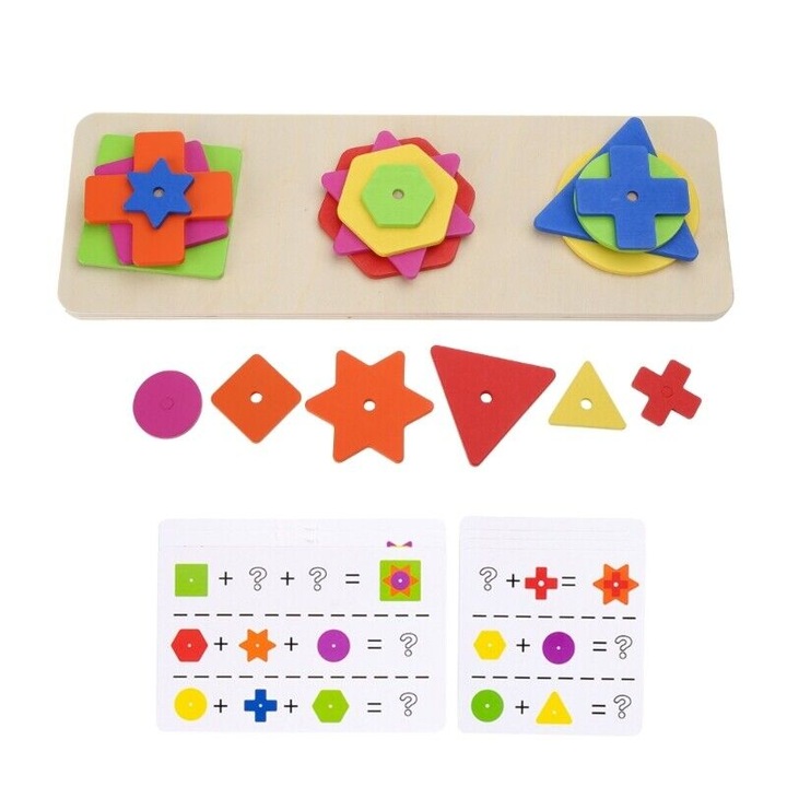 Joc pentru stimularea inteligentei, 3 coloane forme geometrice, Montessori, lemn, 3 ani+