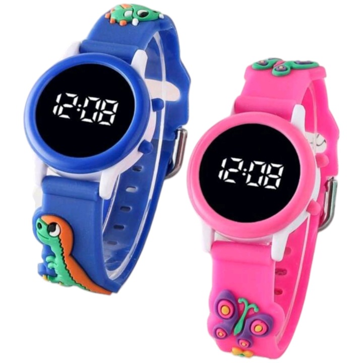 Комплект от 2 водоустойчиви детски часовника с LED, пеперуда и динозавър