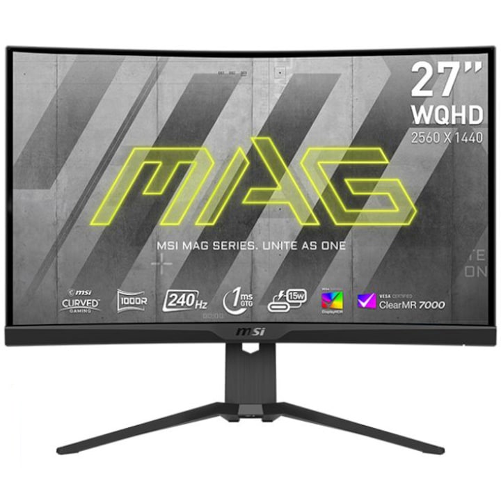 Монитор Gaming MSI MAG 275CQRXF, 27", Извит, WQHD, VA, 240Hz, 1ms, HDMI, DisplayPort, Tilt