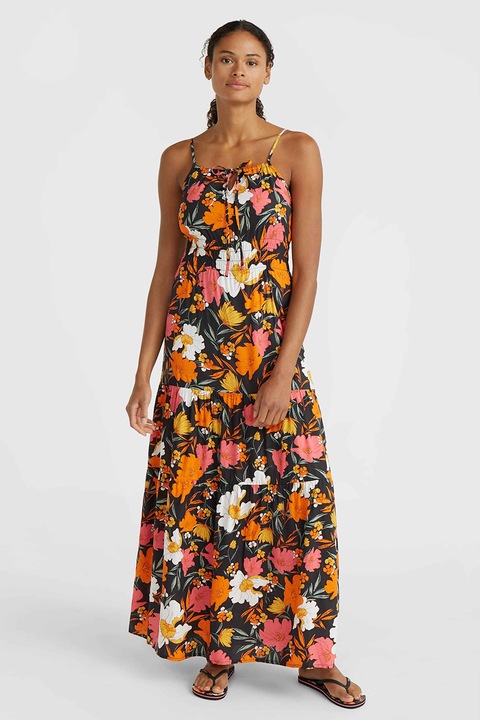 O'Neill, Bővülő fazonú virágmintás ruha, Narancssárga/Rózsaszín/Fekete