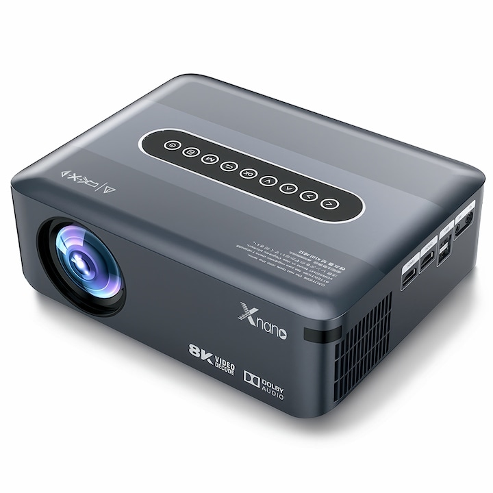 Видеопроектор X1, 8K, 300ANSI, 12000 лумена, 16 GB място за съхранение, android 9.0, wifi, bluetooth, Dolby digital audio, дублиране на екрана, вграден високоговорител, смарт дистанционно управление, преносим, черен