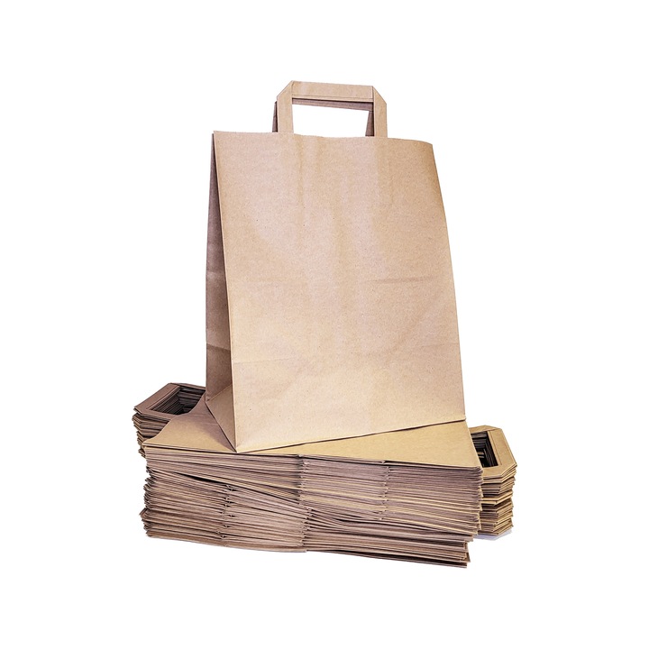 Set 200 Sacose Hartie Catering EXONIA, Kraft Natur cu Manere Plate, 26x17x33 cm