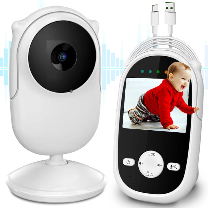 Baby Monitor Xenomo® LittleCare, Camera Audio-Video pentru supraveghere bebe, Ecran HD LCD, Senzor Smart, Night Vision, Infrarosu, Sunet Bidirectional, VOX, Alarma Hranire, Cantece de leagan, Culoare Alb