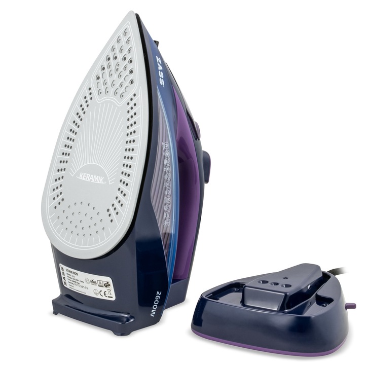 Fier de calcat cu aburi 2 in 1 ZASS A 23, 2600W, Talpa Ceramica, Utilizare duala cu cablu si fara cablu, jet aburi 140g/min, Termostat Reglabil