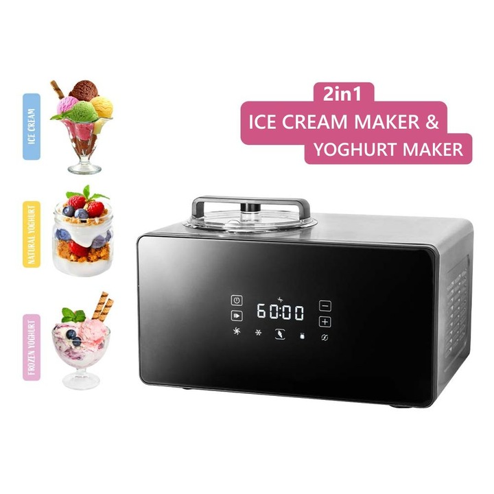 Masina de inghetata Gastroback, 2in1 Advanced Control, capacitate 1.5 l, preparare iaurt/sorbet, cu compresor, timer, control touchscreen, display digital, functie mentinere la rece, viteza reglabila, oprire automata, control electronic consistenta, negru