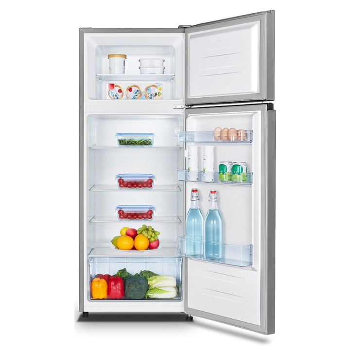 Frigider SanGiorgio, H 143.4 cm, capacitate totala 206 litri, control electronic de temperatura, dezghetare automata, compartiment pentru fructe si legume, congelare rapida (4 stele), usi reversibile, picioare ajustabile, silentios, gri