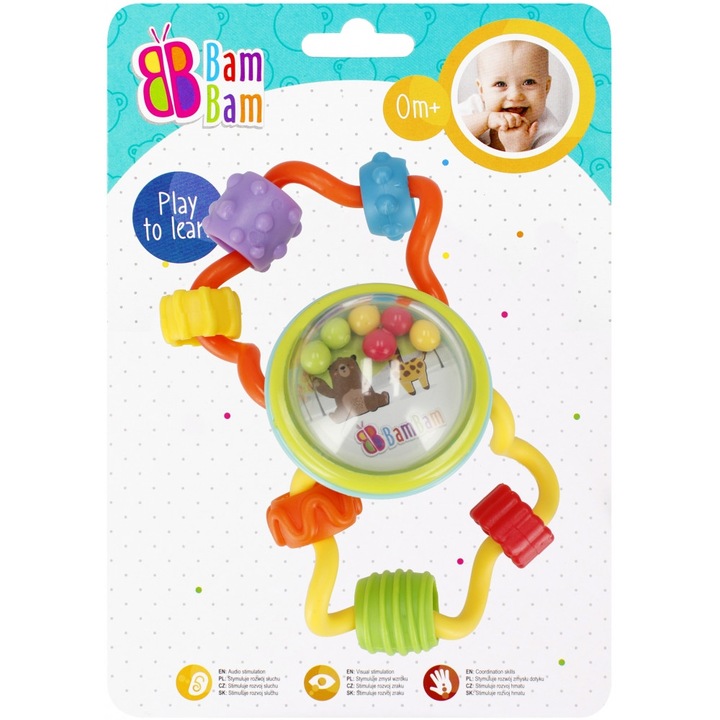 Играчка дрънкалка Bam Bam, 0м+, Многоцветна, 15x20x6 см