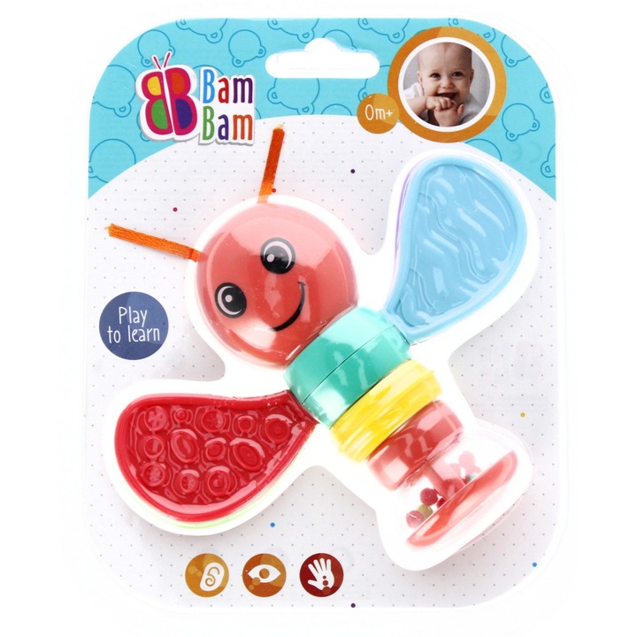 Дрънкалка бебешка играчка Bam Bam - Пчеличка, 0+ месеца