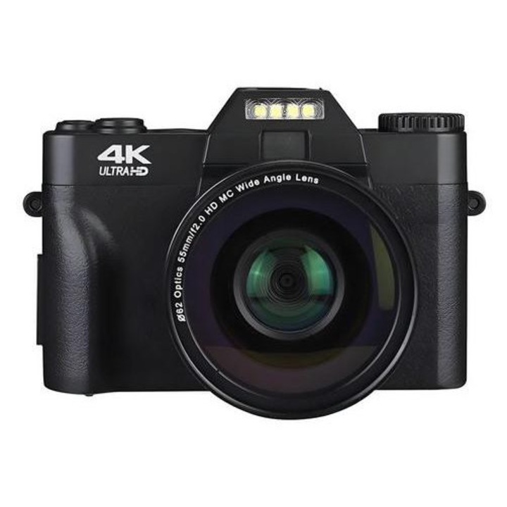 Aparat foto digital, 4K, autofocus, cu card de memorie de 64 GB, compact, 48 milioane de pixeli HD, display pliabil de 3,0 inchi, negru
