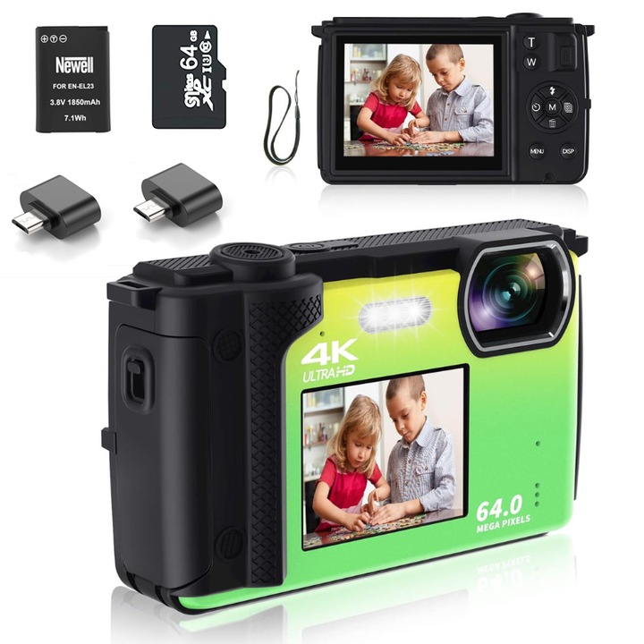Фотоапарат, 4K HD 64MP, 2, 8-инчов екран, 16x цифрово увеличение, автофокус, 2x четец на карти, 1x фотоапарат, зелен
