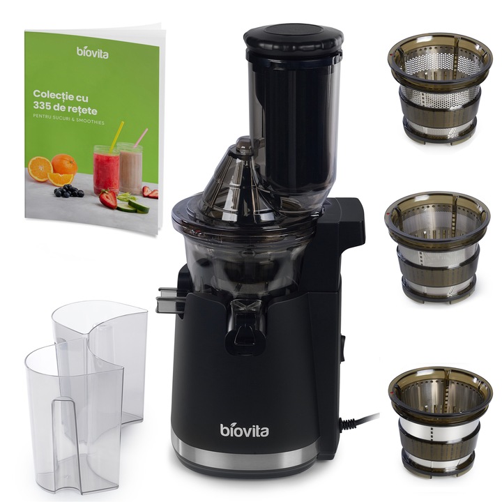 Storcator cu Presare la Rece, Biovita VIVA, cu Melc, 3 Site din Inox, Palnie Larga, Retete Bonus, Stoarcere Eficienta