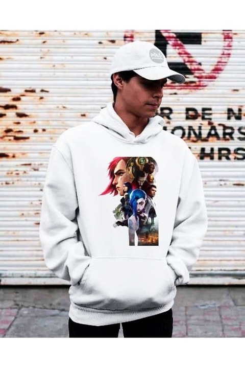 Hanorac cu glugă cu personaje arcane pentru femei, Alb