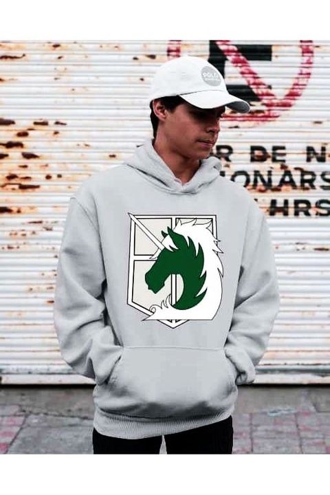 Hanorac cu glugă cu logo Attack on Titan Rider pentru bărbați, Gri