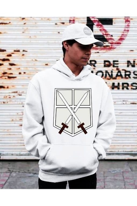 Hanorac cu glugă cu logo Attack on titan sword pentru femei, Alb