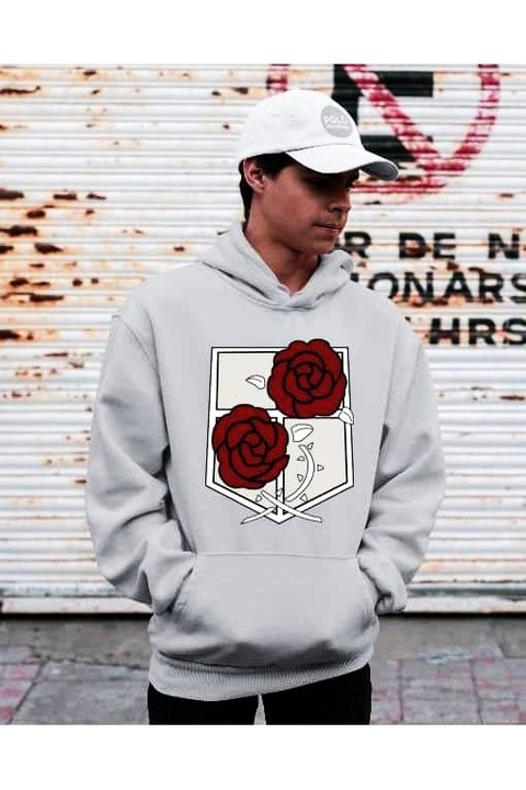 Hanorac cu glugă cu logo-ul Attack on Titan, pentru bărbați, Gri