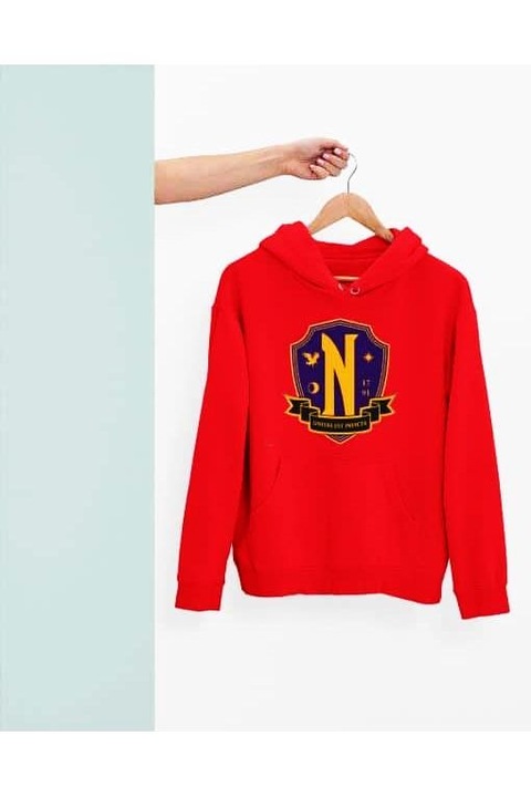 Hanorac colorat cu glugă pentru femei cu logoul Nevermore Academy Wednesday, Rosu