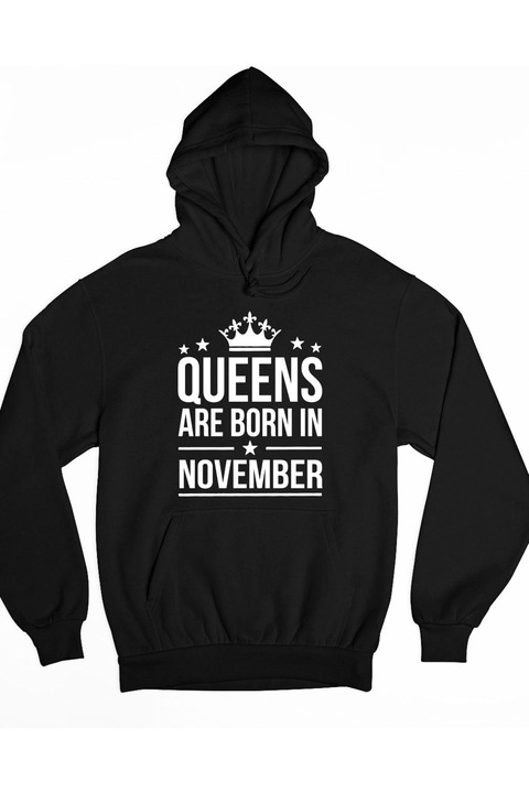 Queens are born in november fehér kapucnis férfi pulóver, Fekete