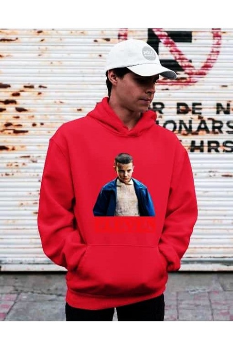 Stranger things Eleven kapucnis férfi pulóver, Piros