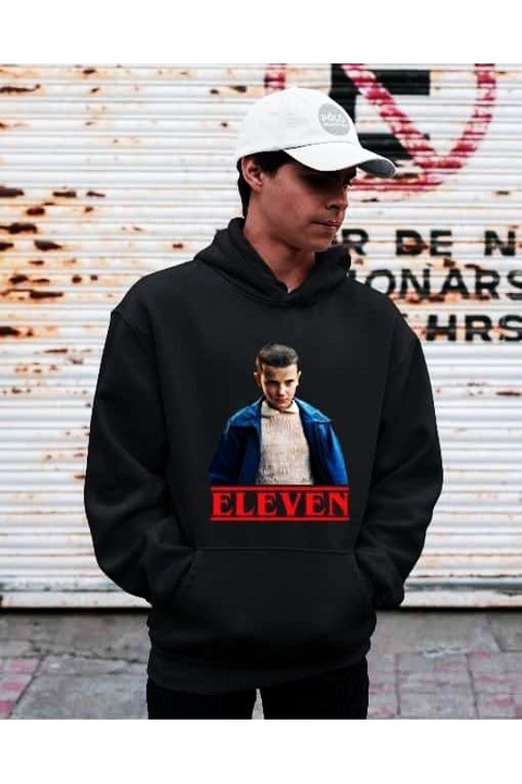 Stranger things Eleven kapucnis férfi pulóver, Fekete
