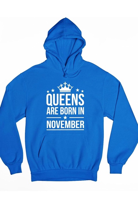 Queens are born in november fehér kapucnis férfi pulóver, Királykék