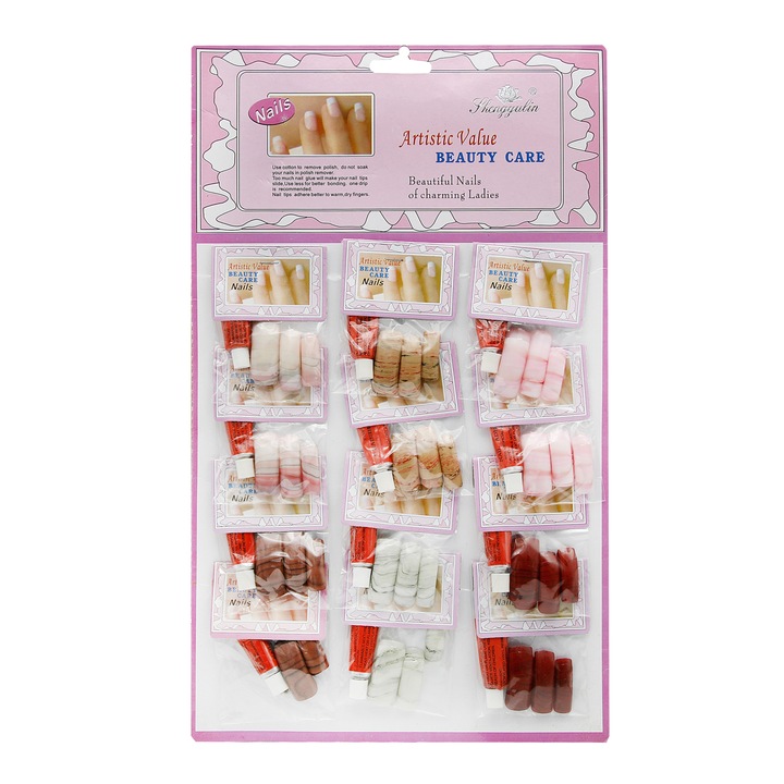 Műköröm készlet-ragasztó mellékelve, 12 szett, Multicolor