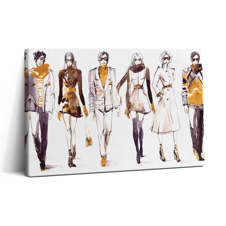Tablou Canvas, Wallfluent, Ilustratie de prezentare de moda pentru femei si barbati, Maro, 30x20 cm, 010030010150000015601