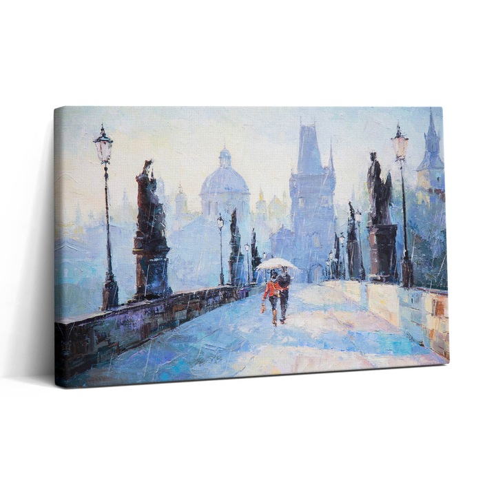 Tablou Canvas, Wallfluent, Arta in ulei - un cuplu de indragostiti sub o umbrela, Albastru, 30x20 cm, 010030010150000051768