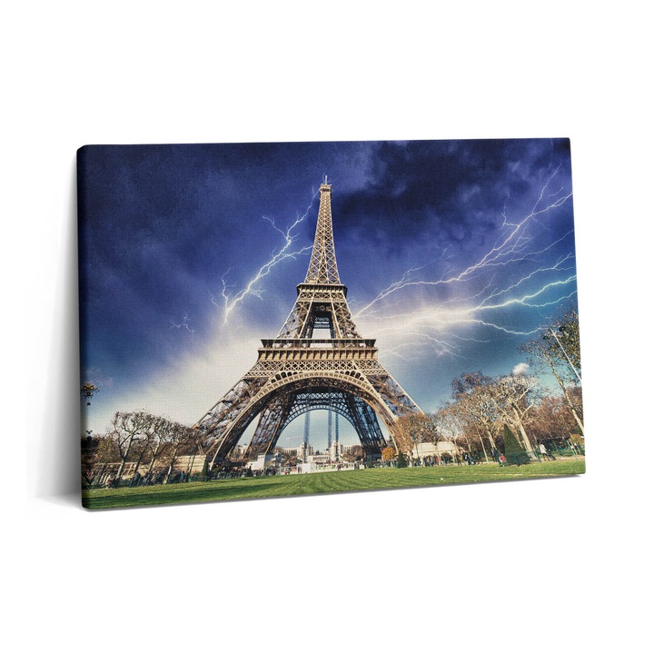 Tablou Canvas, Wallfluent, Turnul Eiffel, fulgere si furtuna, Bleumarin multicolor, 60x40 cm, 010030010260000074790