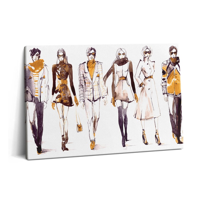 Tablou Canvas, Wallfluent, Ilustratie de prezentare de moda pentru femei si barbati, Maro, 60x40 cm, 010030010260000015601