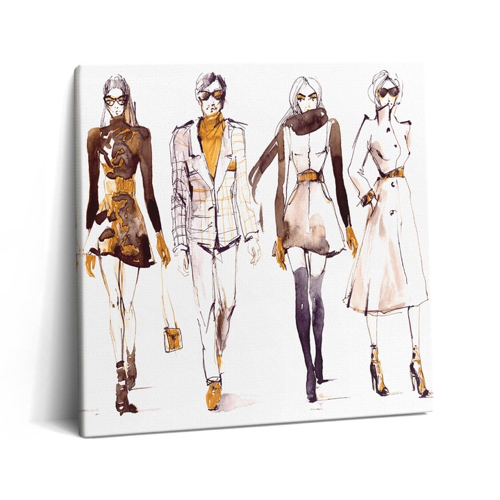 Tablou Canvas, Wallfluent, Ilustratie de prezentare de moda pentru femei si barbati, Maro, 60x60 cm, 010030010270000015601