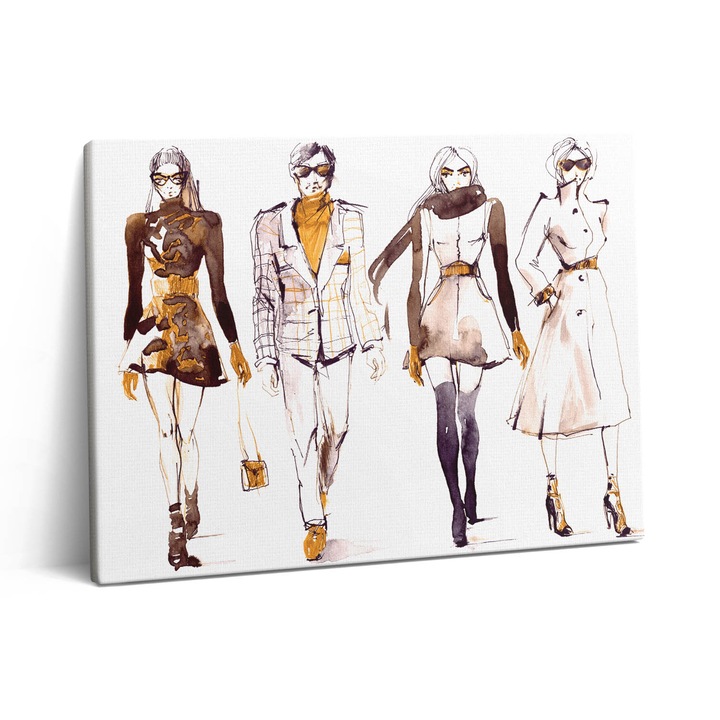Tablou Canvas, Wallfluent, Ilustratie de prezentare de moda pentru femei si barbati, Maro, 80x60 cm, 010030010370000015601
