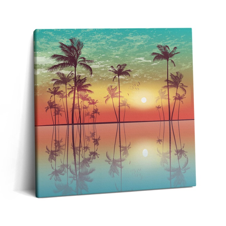 Tablou Canvas, Wallfluent, Palmieri tropicali la apus, Turcoaz, 60x60 cm, 010030010270000075164