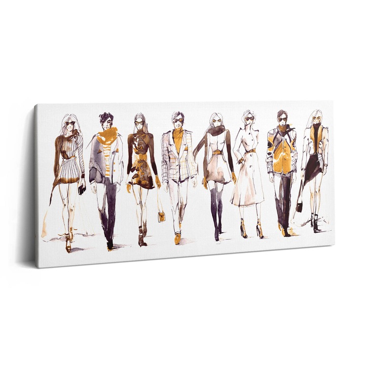 Tablou Canvas, Wallfluent, Ilustratie de prezentare de moda pentru femei si barbati, Maro, 100x50 cm, 010030010010000015601