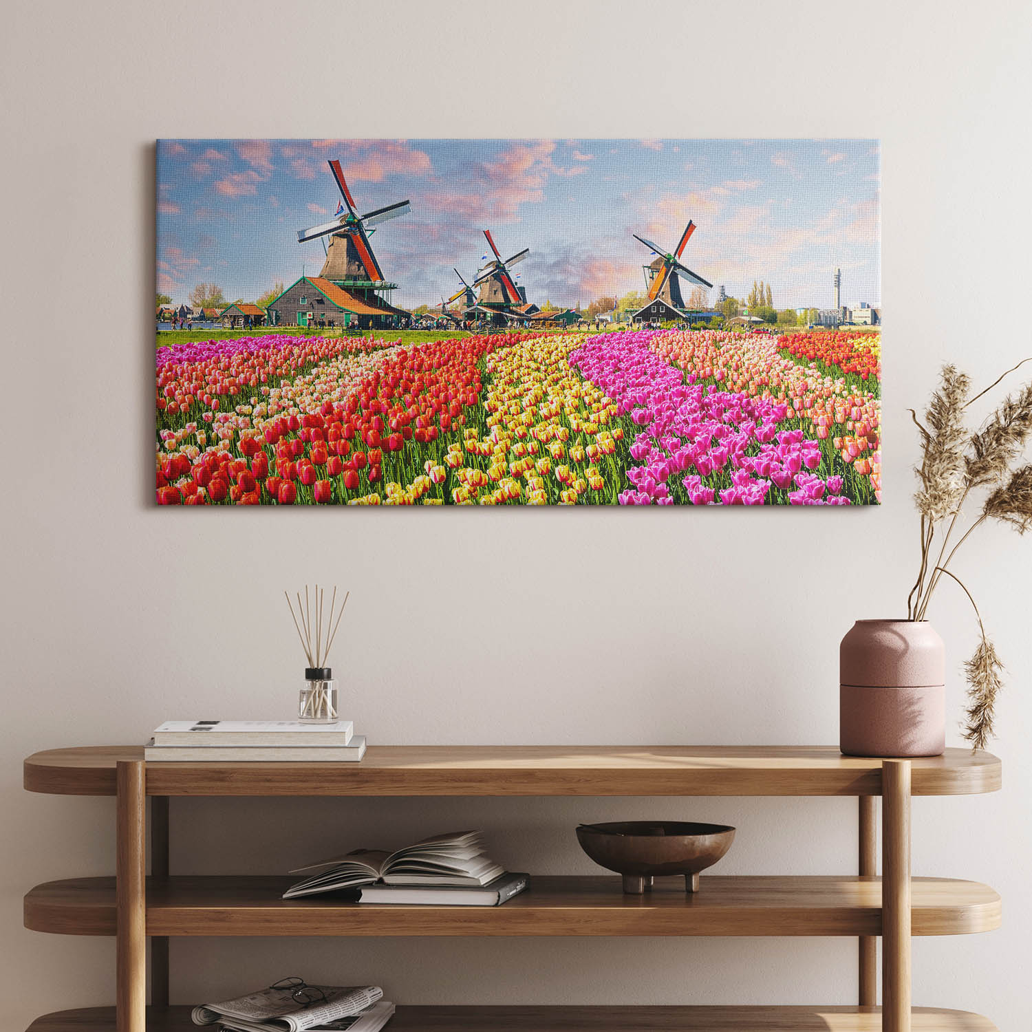 Tablou Canvas, Wallfluent, Peisaj cu lalele Olanda, Multicolor