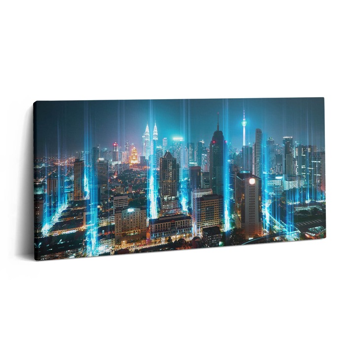 Vászonfestmény. Wallfluent. Felhőkarcolók Dubai. Kék. 140x70 cm