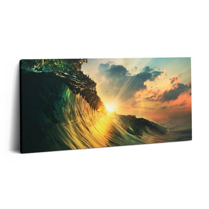 Tablou Canvas, Wallfluent, Val pe mare si apus, Verde, 120x60 cm, 010030010060000074603