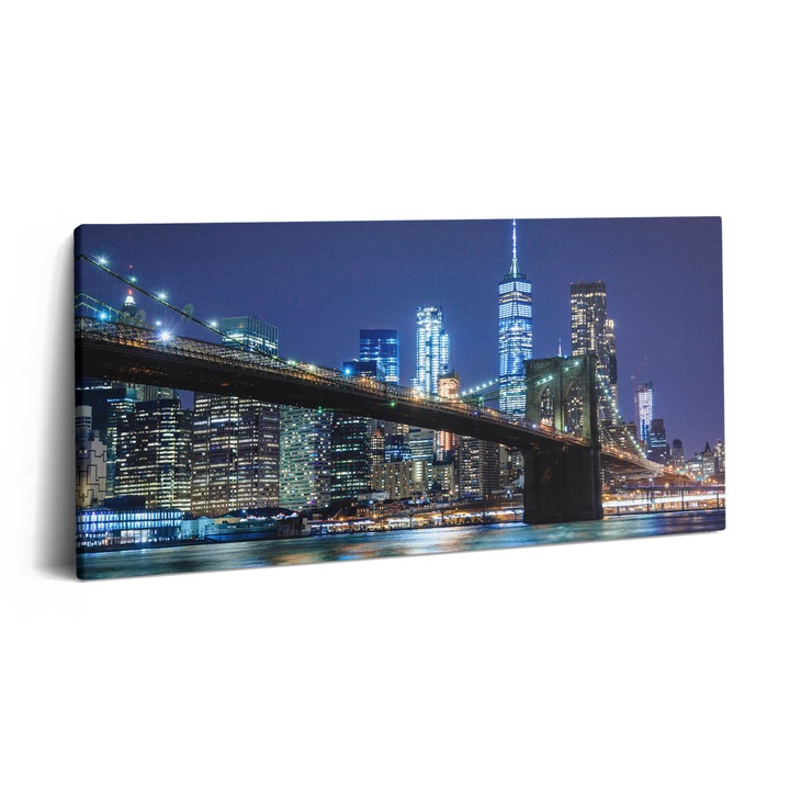 Tablou Canvas, Wallfluent, Podul Brooklyn New York noaptea, Bleumarin multicolor, 120x60 cm, 010030010060000075462
